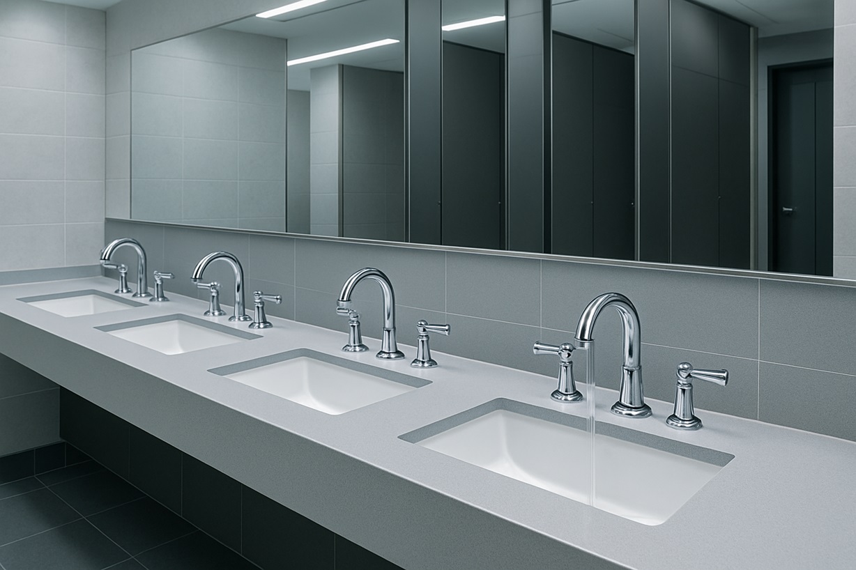 Corporate or hotel bathroom with chrome three hole faucet and coordinated accessories